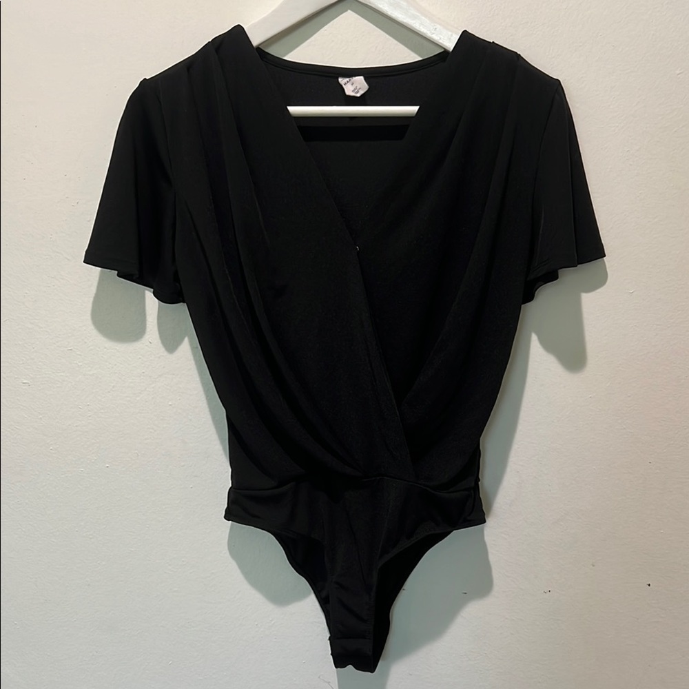 Melrose and Market Black Deep V-Neck Bodysuit Top Size XS